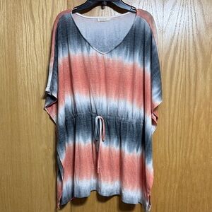 Oddy Coral and Gray Striped Tie-Waist Tunic
